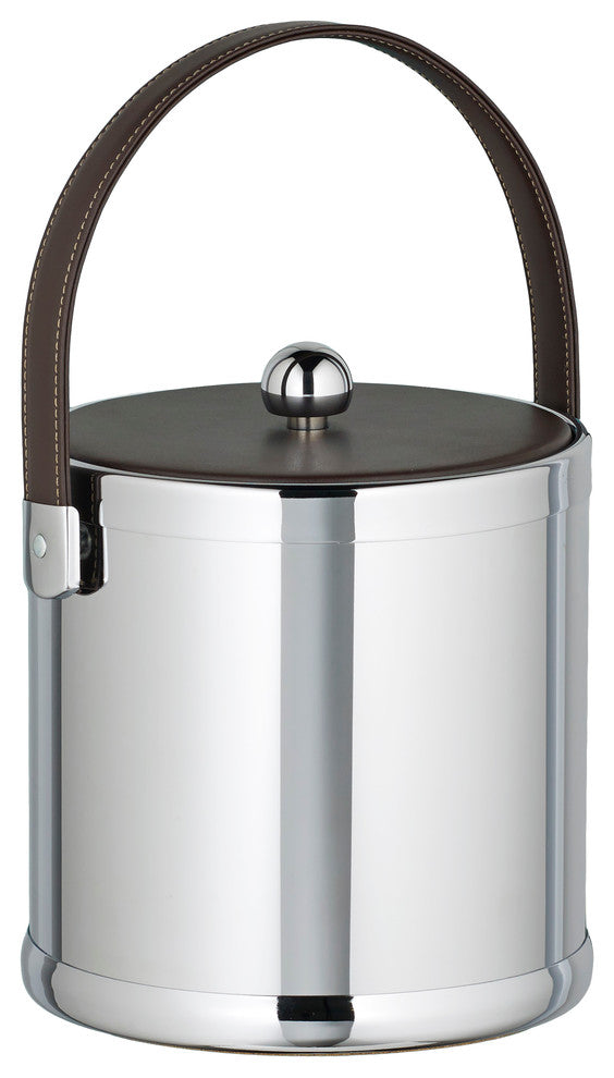 Kraftware Polished Chrome Ice Bucket with Brown Stitched Handle, 3 qt.