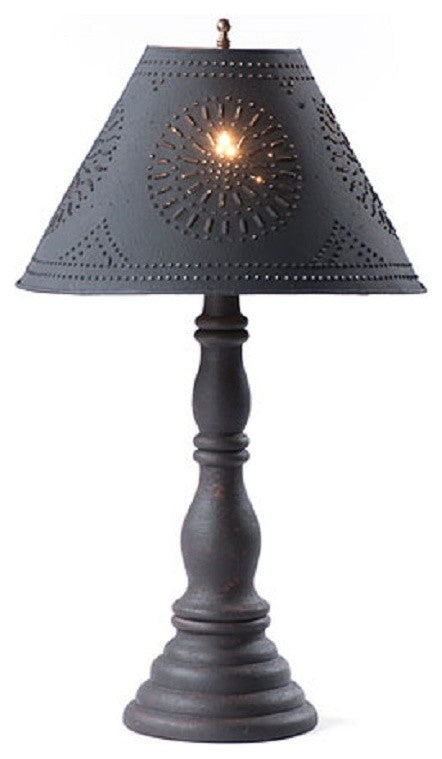 Wood Table Lamp With Punched Tin Shade USA Handmade Davenport, Americana Black