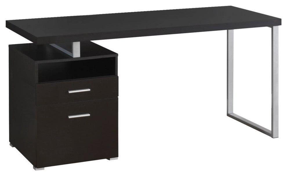 Modern Desk, Spacious Floating Worktop With Open Shelf & 2 Drawers, Espresso
