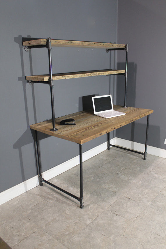 Reclaimed Wood Desk, 2 Shelves, Wall Attach, Raw, 72"x30"