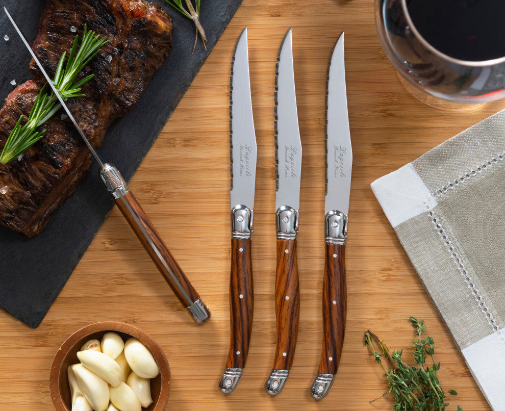French Home Set of 4 Laguiole Steak Knives, Wood Grain