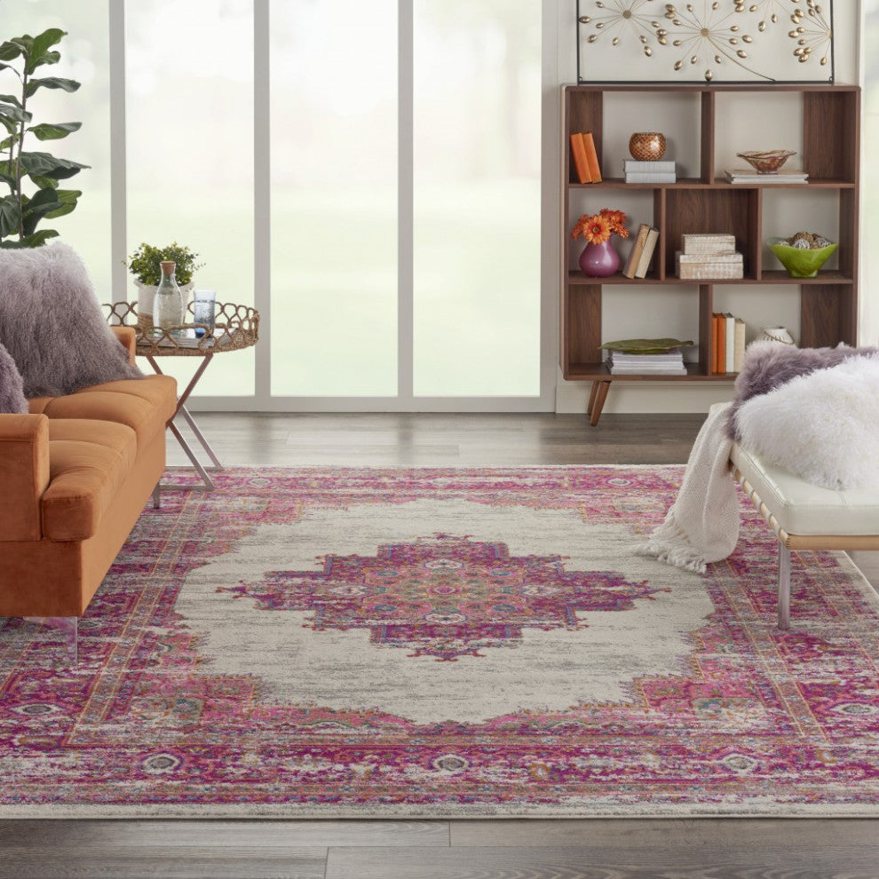 8 x 10' Ivory and Fuchsia Distressed Area Rug
