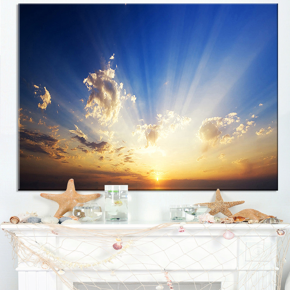 "Sunset in The Ocean Blue Sky Panorama" Seascape Art Canvas, 40"x30"