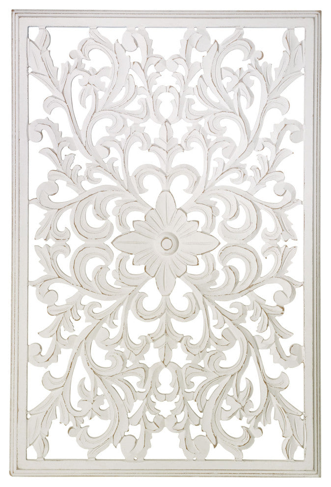 Hand-Carved Distressed White Floral Wood Wall Medallion  - 24" x 36"
