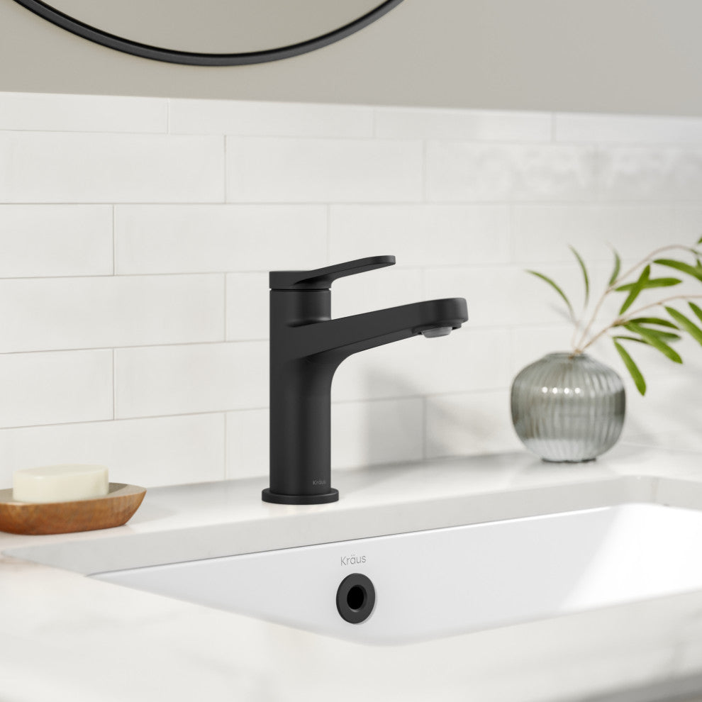 KRAUS Indy Single Handle Basin Bathroom Faucet Matte Black, Pop Up Drain