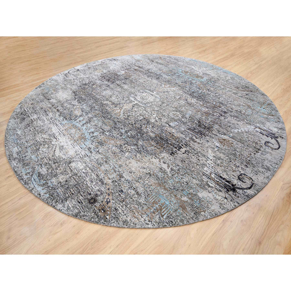 Gray, Silk with Textured Wool, Hand Knotted, Modern, Round, Rug, 11'10" x 11'10"