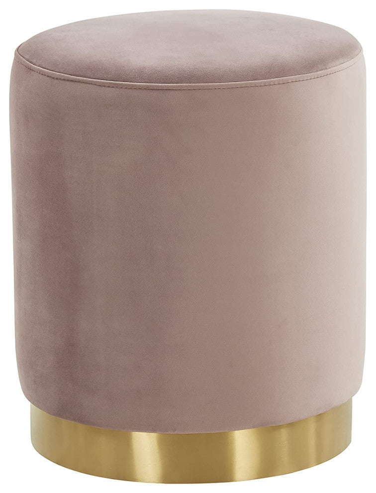 LeisureMod Remmey 16" Round Velvet Ottoman With Gold Base Pink