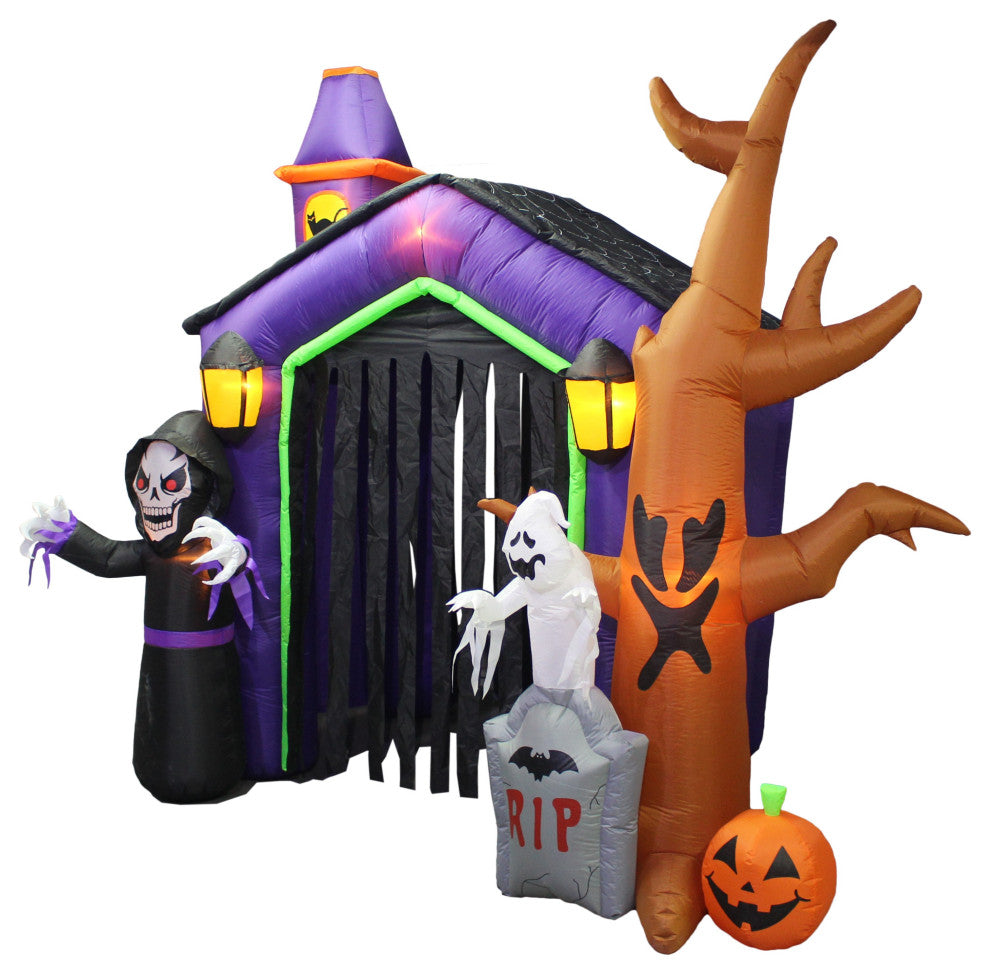 8.5' Tall Halloween Inflatable Haunted House Skeleton Ghost and Tombstone