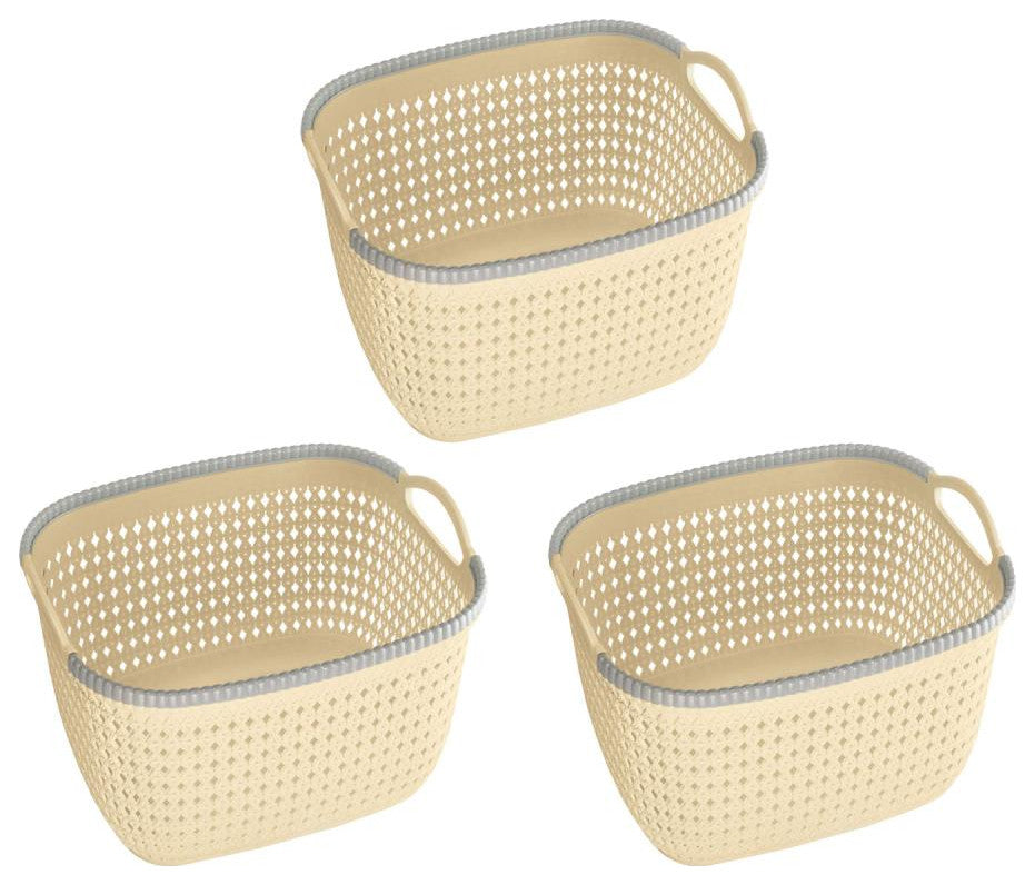 Rattan Plastic Weave Storage Bin, Beige, Large, 3-Pack