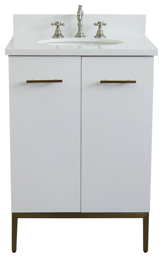 25" Single Sink Vanity, White Finish With Engineered Stone Top And Oval Sink