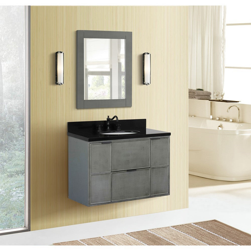 37" Single Wall Mount Vanity, Linen Gray Finish With Black Galaxy Top