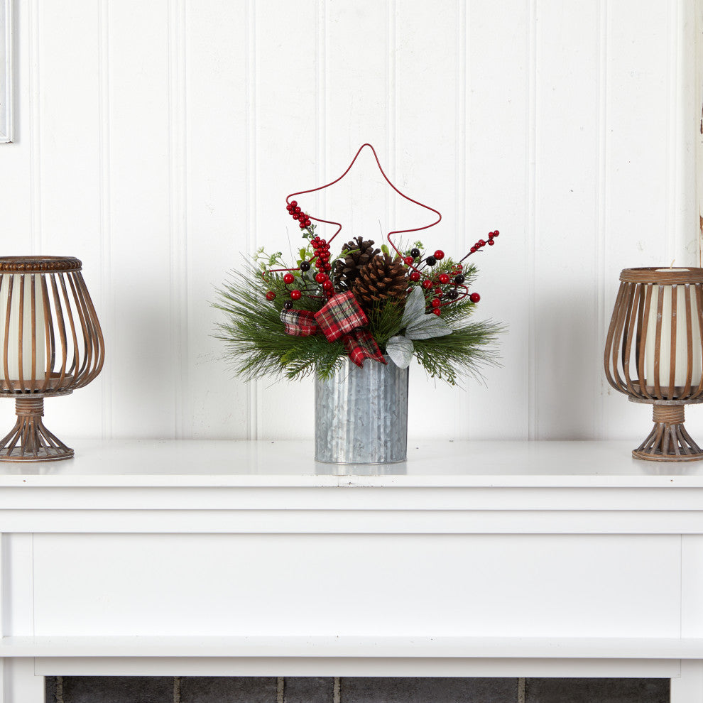 17" Pinecone & Berries Faux Xmas Arrangement W/ Metal Vase & Wire Red Xmas Tree