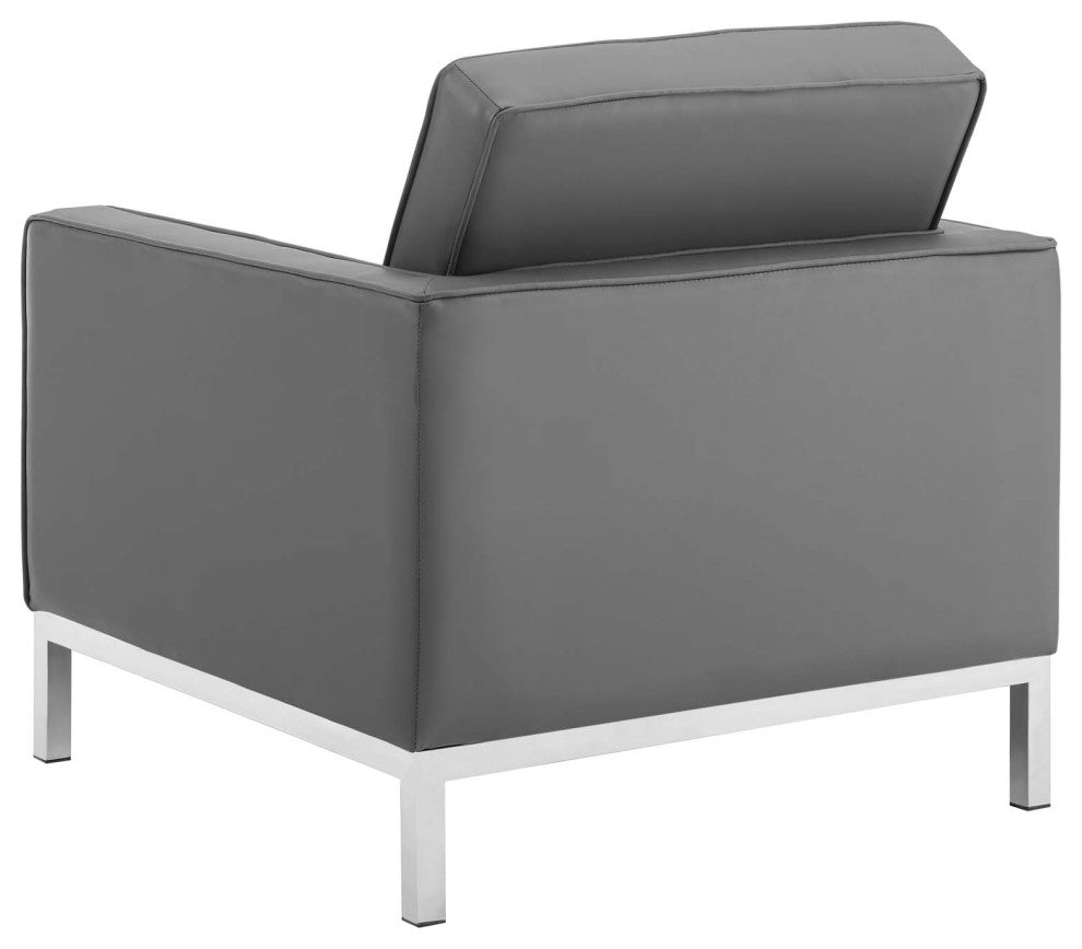 Tufted Armchair and Loveseat Sofa Set, Faux Leather, Silver Gray, Modern