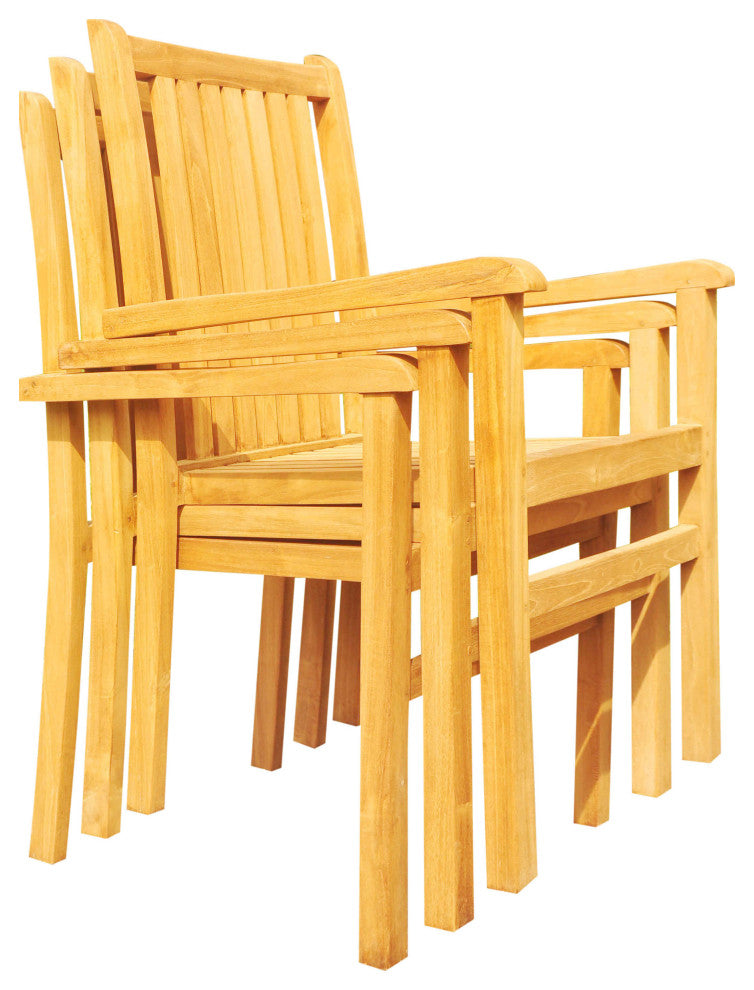 9-Piece Outdoor Teak Dining Set, 117" Oval Table, 8 Cahyo Stacking Arm Chairs