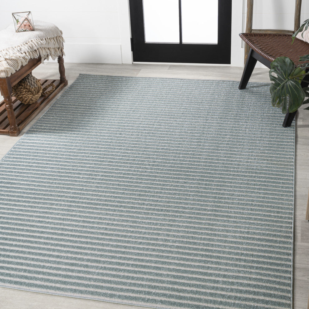 Aarhus High-Low Scandi Striped Blue/Ivory 8 ft x 10 ft Indoor/Outdoor Area Rug