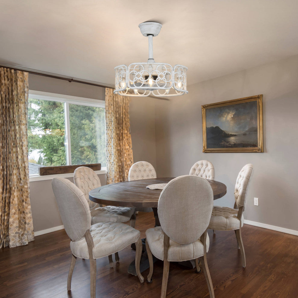 20" Distressed White Ceiling Fan, Metal Caged Fan Light w Remote