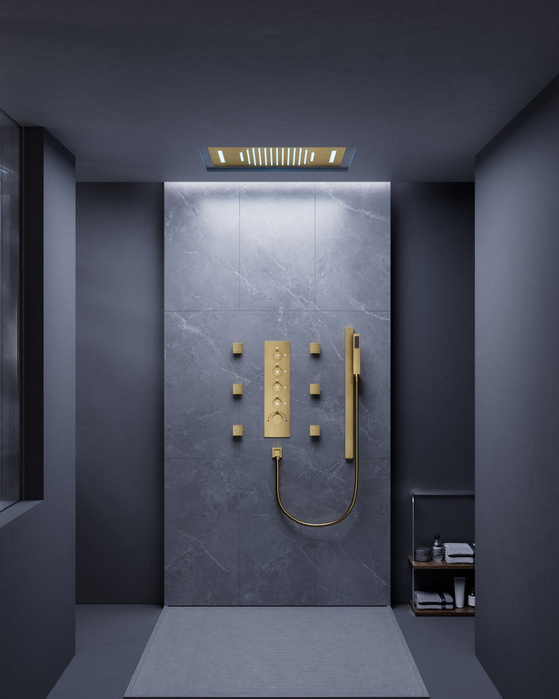 LED Thermostatic Shower System Rain Shower Head With 6 Body Jets, Brushed Gold, 23"x15", Slide Bar