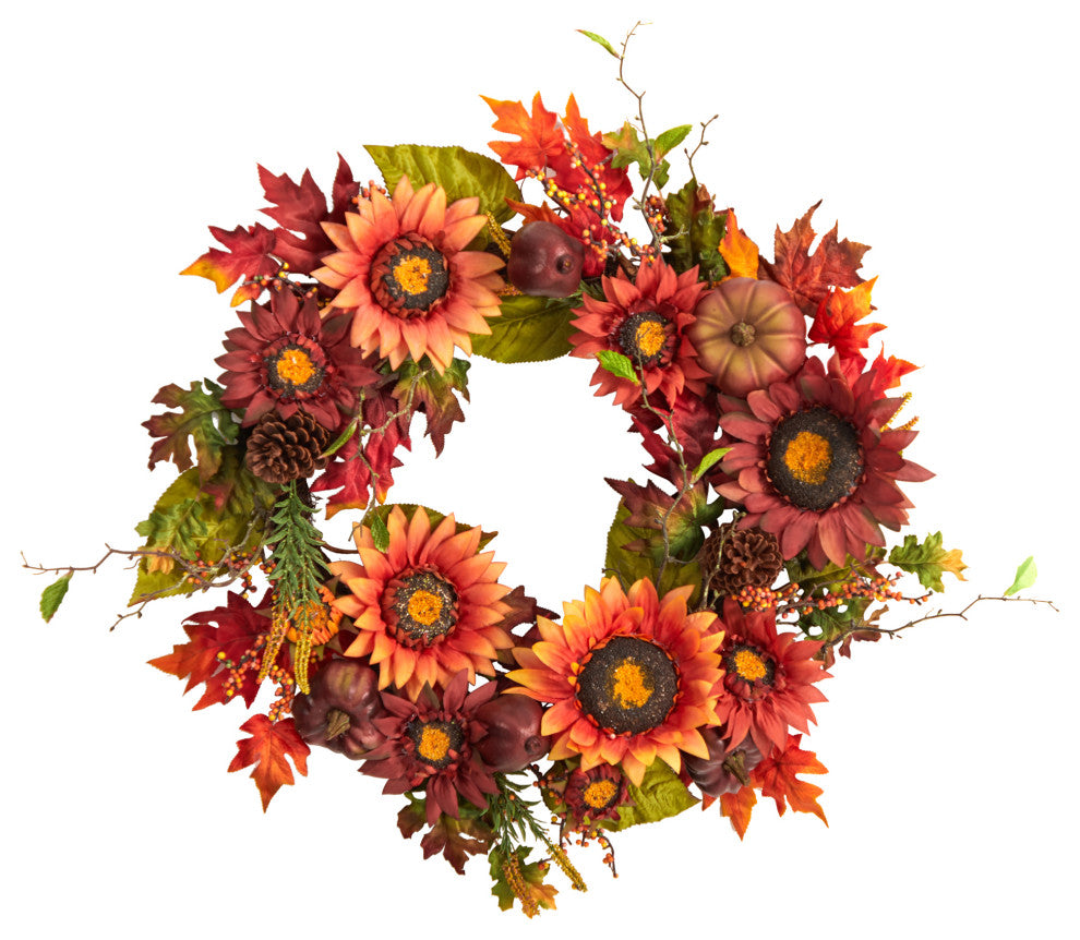 24" Autumn Sunflower, Pumpkin, Pinecone and Berries Fall Artificial Wreath