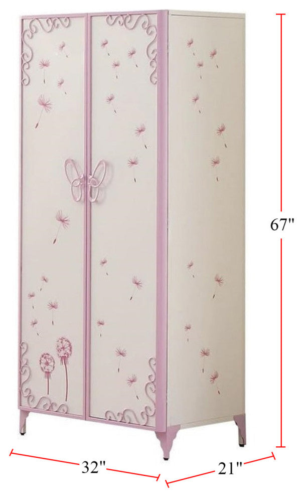 Armoire with Butterfly Design, White and Light Purple