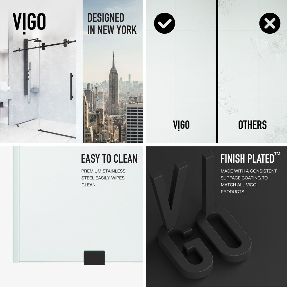 VIGO Elan 56" to 60" W x 74" H Frameless Sliding Shower Door, Matte Black, Laminated Glass