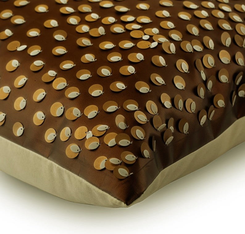 Sequins Embellished Brown Faux Leather & Suede 24"x24" Pillow Cover, Awestruck