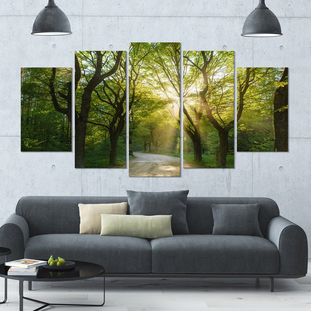Evening in Green Forest, Landscape Canvas Art Print, 60"x32", 5 Panels