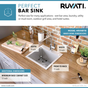 Ruvati RVH8115 15x15" Single Bowl Stainless Steel 16 Gauge Bar Prep Sink