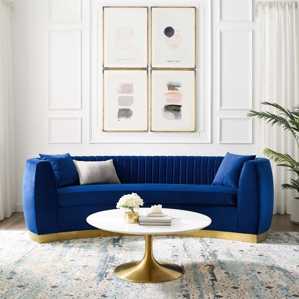 Tufted Sofa, Velvet, Blue Navy, Modern, Living Lounge Hotel Lobby Hospitality
