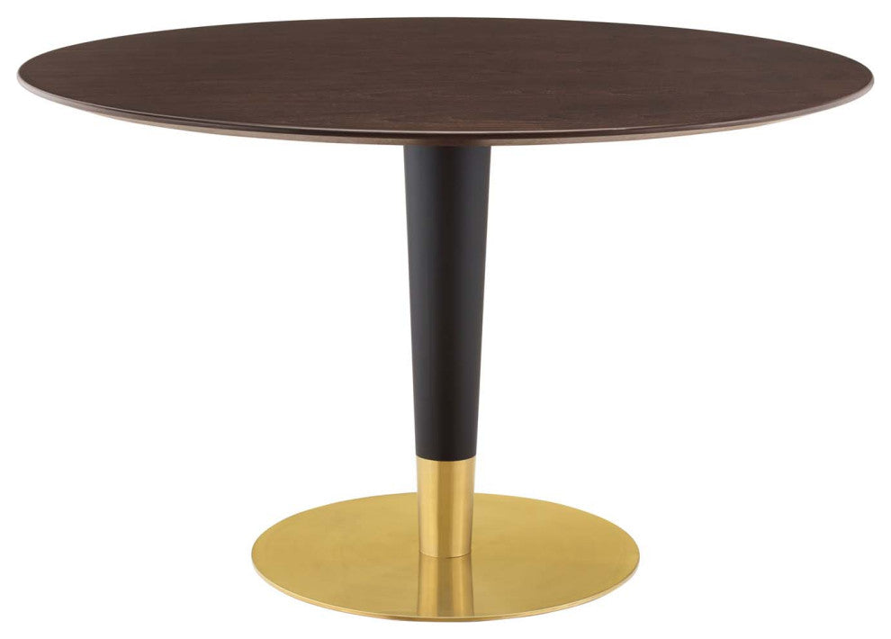 Dining Table, Round, Wood, Metal, Gold Dark Brown Brown Walnut, Modern, Bistro