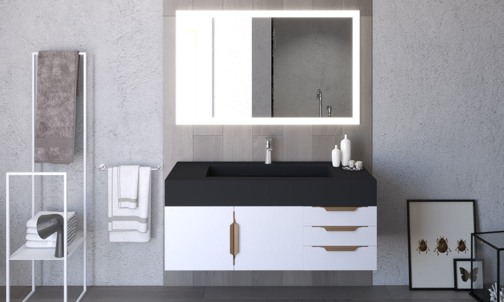 CastelloUSA Nile 48" Wall Mounted Vanity Set, White, Black Top, Gold Handles