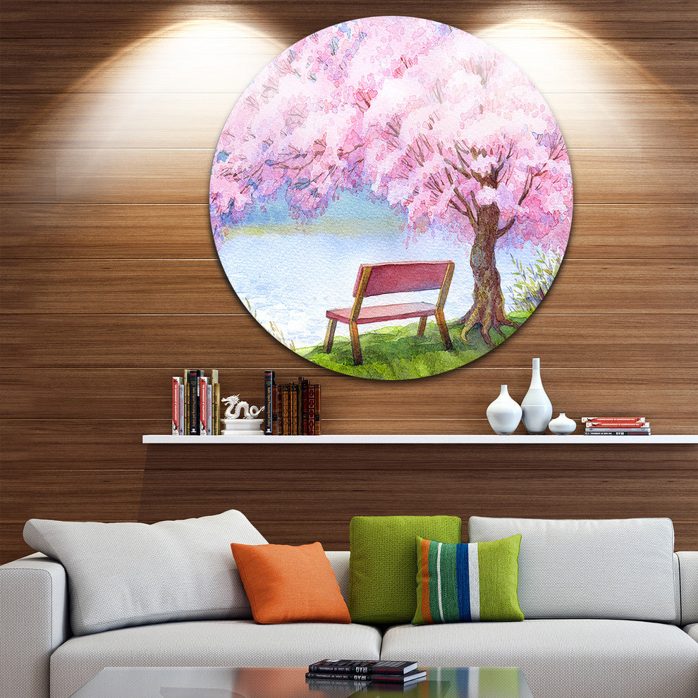 Bench Under Flowering Peach Tree, Floral Round Wall Art, 11"