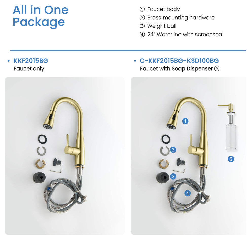 Bari Single Handle Pull Down Kitchen & Bar Sink Faucet, Brushed Gold