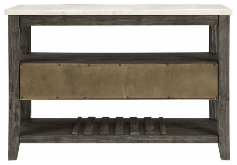 Farmhouse Sideboard, Marble Top With Storage Drawers & Open Shelves, White/Grey