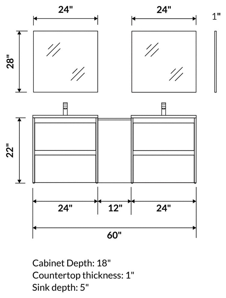 60" Vanity Set with Mirror and Sink Sansa by Royo, White, 60"