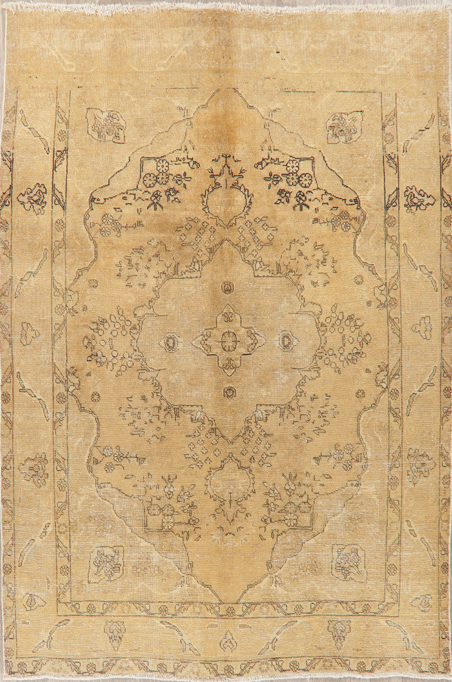 Consigned, Vintage-Style Handmade Faded Distressed Persian Area Rug, Beige, 7x10