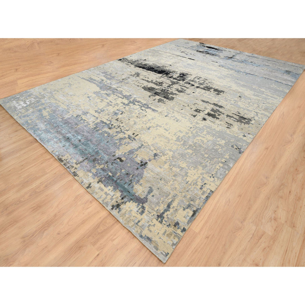 Gray Wool and Silk Hand Knotted Modern Abstract Design Oversized Rug 12'0"x17'9"