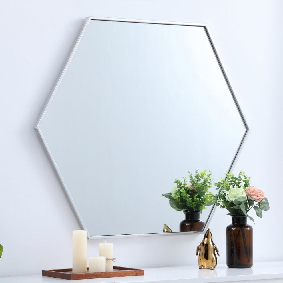 Elegant Decker Metal Frame Hexagon Mirror 38" MR4538S - Silver