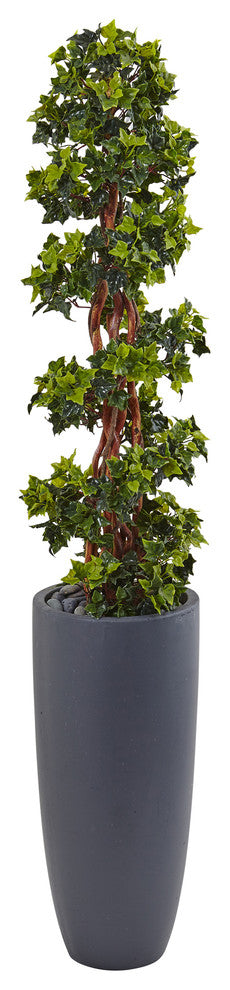5" English Ivy Spiral Topiary Tree, Gray Cylinder Planter UV Resistant