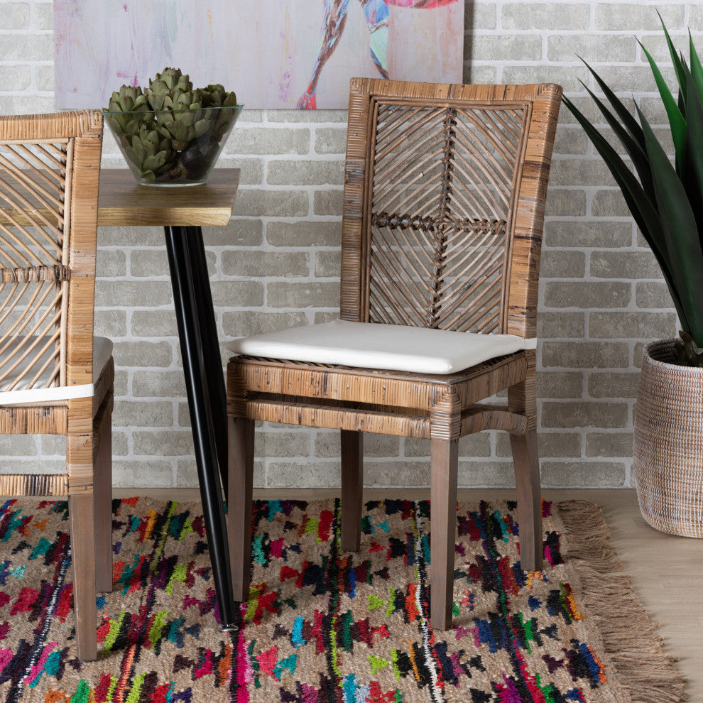 Ivanka Dining Chair With Cushion, Gray Natural Rattan & Mahogany