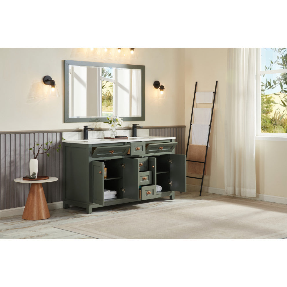 Vanity With Mirror, Sconce and Faucet Included, Pewter Green, 60"