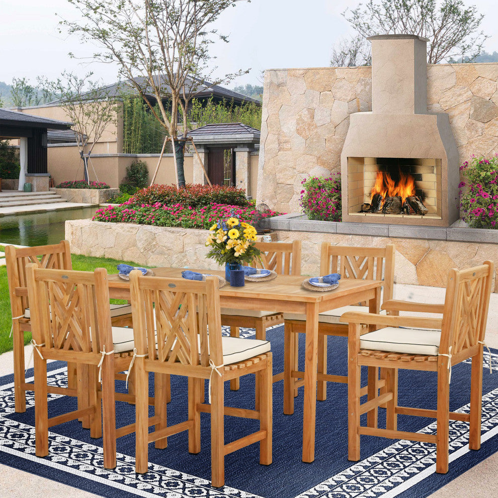 7 Piece Teak Chippendale 63" Rect Bistro Counter Set, 2 Arm and 4 Side Stools