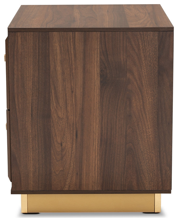 Mid-Century Modern Walnut Brown Finished Wood and Gold Metal 2-Drawer Nightstand