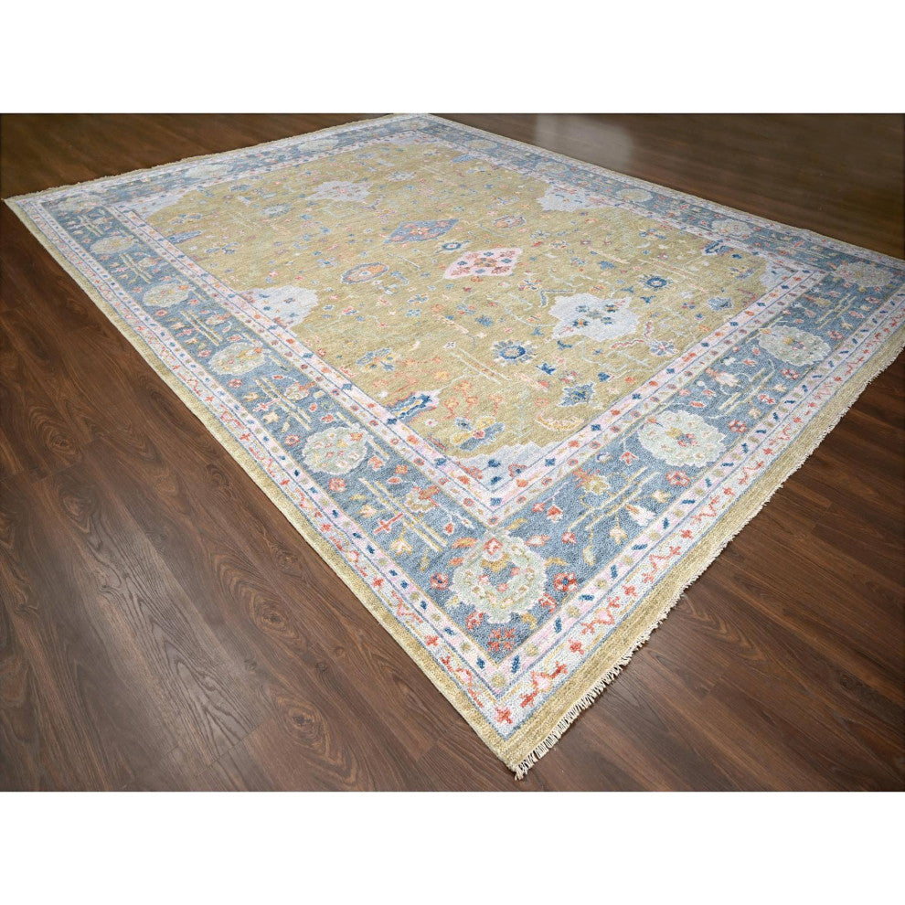 Moss Green Hand Knotted Oushak Supple Organic Wool Oversized Rug 11'11"x14'10"