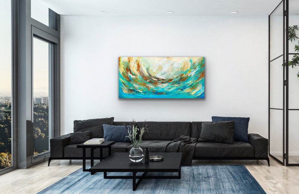 48"x24" The Storm Original Large Modern green teal coastal sea Painting