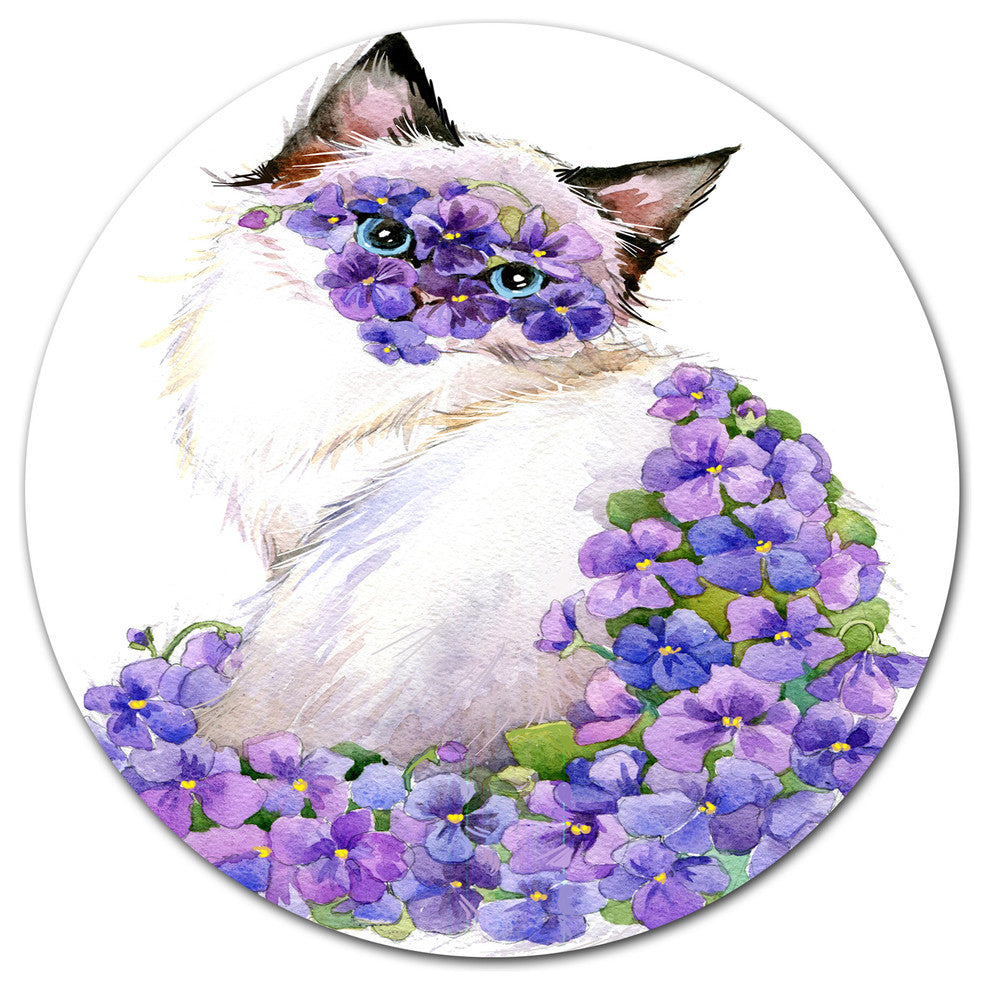 Cute Cat With Blue Flowers, Animal Disc Metal Artwork, 11"