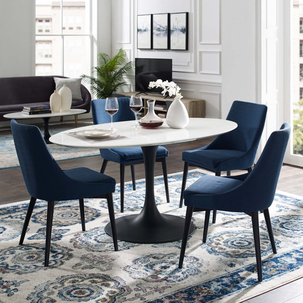Modern Designer Kitchen Room Oval Dining Table, Wood Metal Steel, Black White