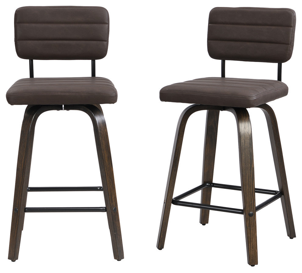 Swivel Bar Stool Leather Bar Stool, Wood Legs, Counter Height, Pu, Set of 2, Brown, 26"