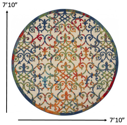 8' Round Ivory And Blue Round Floral Indoor Outdoor Area Rug