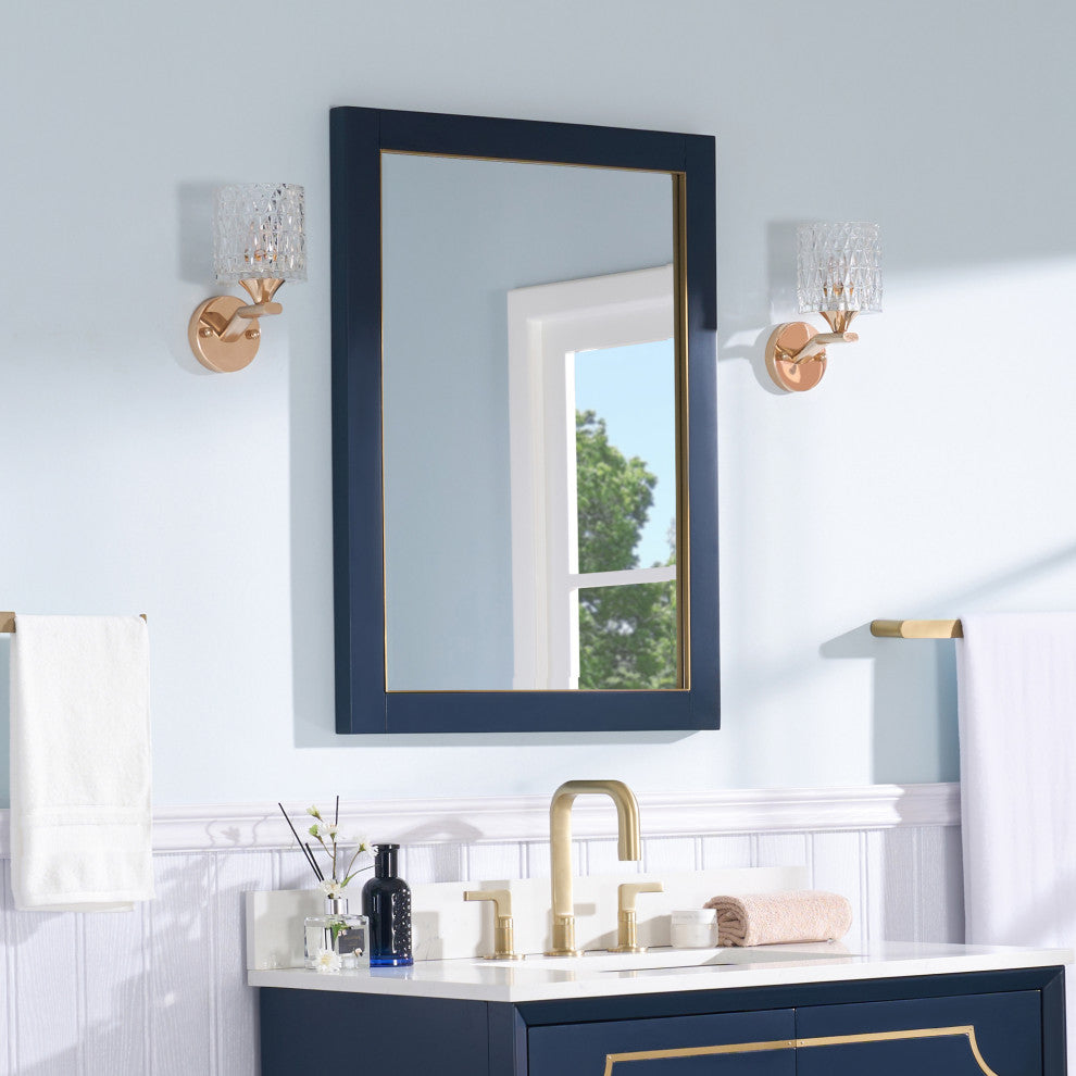 Solid Wood Beleved Edge Rectangular Framed Bathroom Wall Vanity Mirror, Navy Blue, 24"?x32"