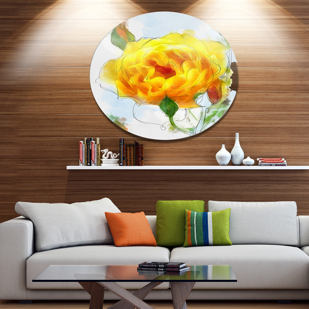Yellow Rose With Rose Buds Sketch, Floral Round Wall Art, 23"